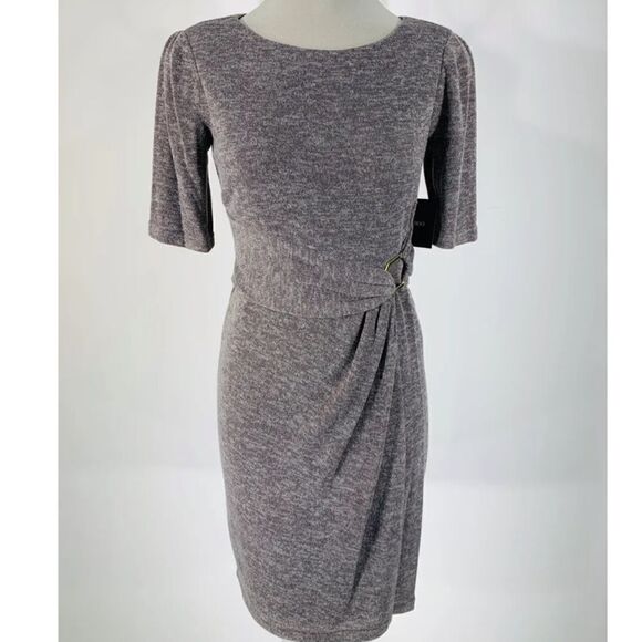 Ellen Tracy lightweight Sweater Dress, gold buckle, taupe/gray, size 6 - Picture 1 of 7